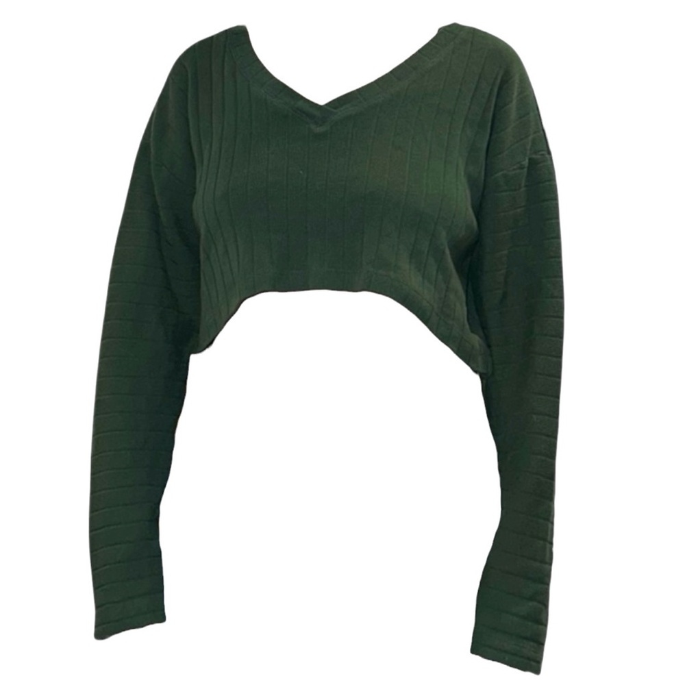 Forever 21 Dark Green Ribbed V-Neck Cropped Long-Sleeve Sweater Top